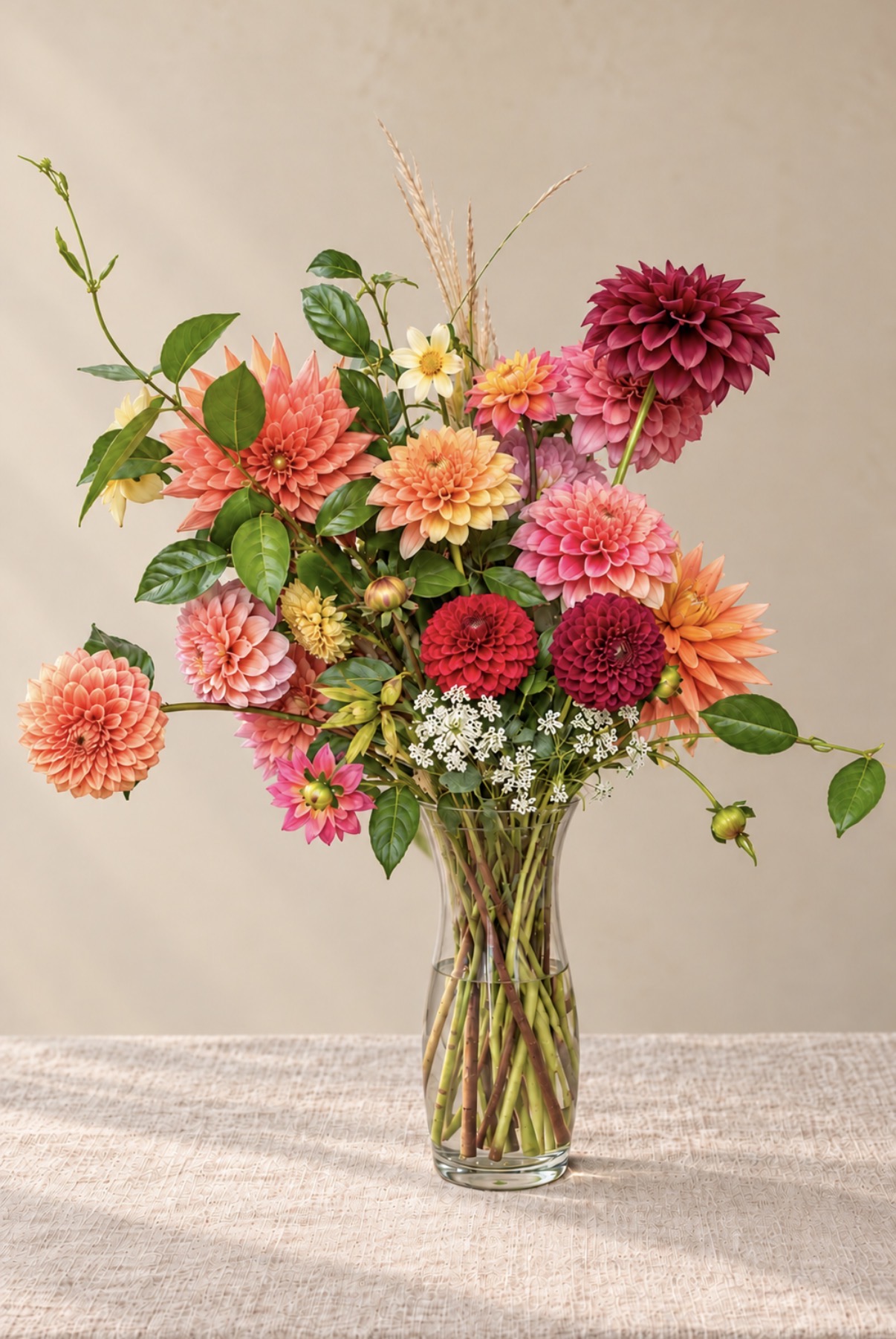 Colorful dahlias and greenery arranged in a tall clear glass vase